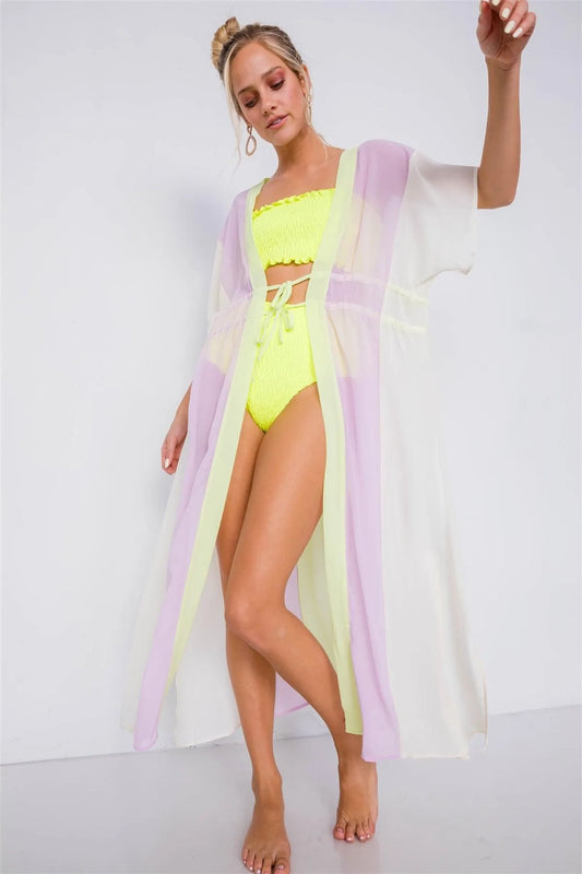 Lemonade Color Block Sheer Waist Tie Maxi Cover-Up Kimono /3-2-1 - Tasha Apparel Wholesale