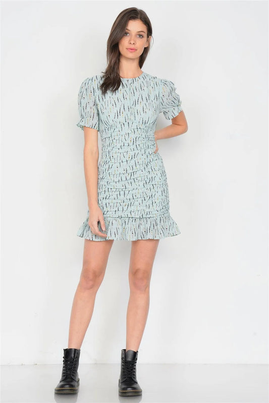 Mint Boho Print Mini Flounce Trim Hem Cap Sleeve Chiffon Dress /4-2-1 - Tasha Apparel Wholesale