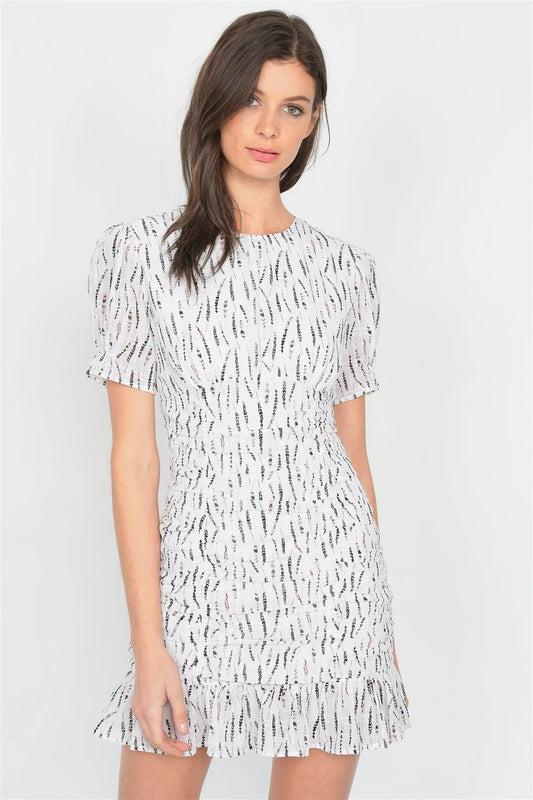 Off-White Boho Print Mini Flounce Trim Hem Cap Sleeve Chiffon Dress /3-2-1 - Tasha Apparel Wholesale