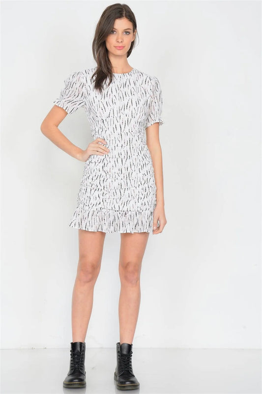 Off-White Boho Print Mini Flounce Trim Hem Cap Sleeve Chiffon Dress /4-2-1 - Tasha Apparel Wholesale