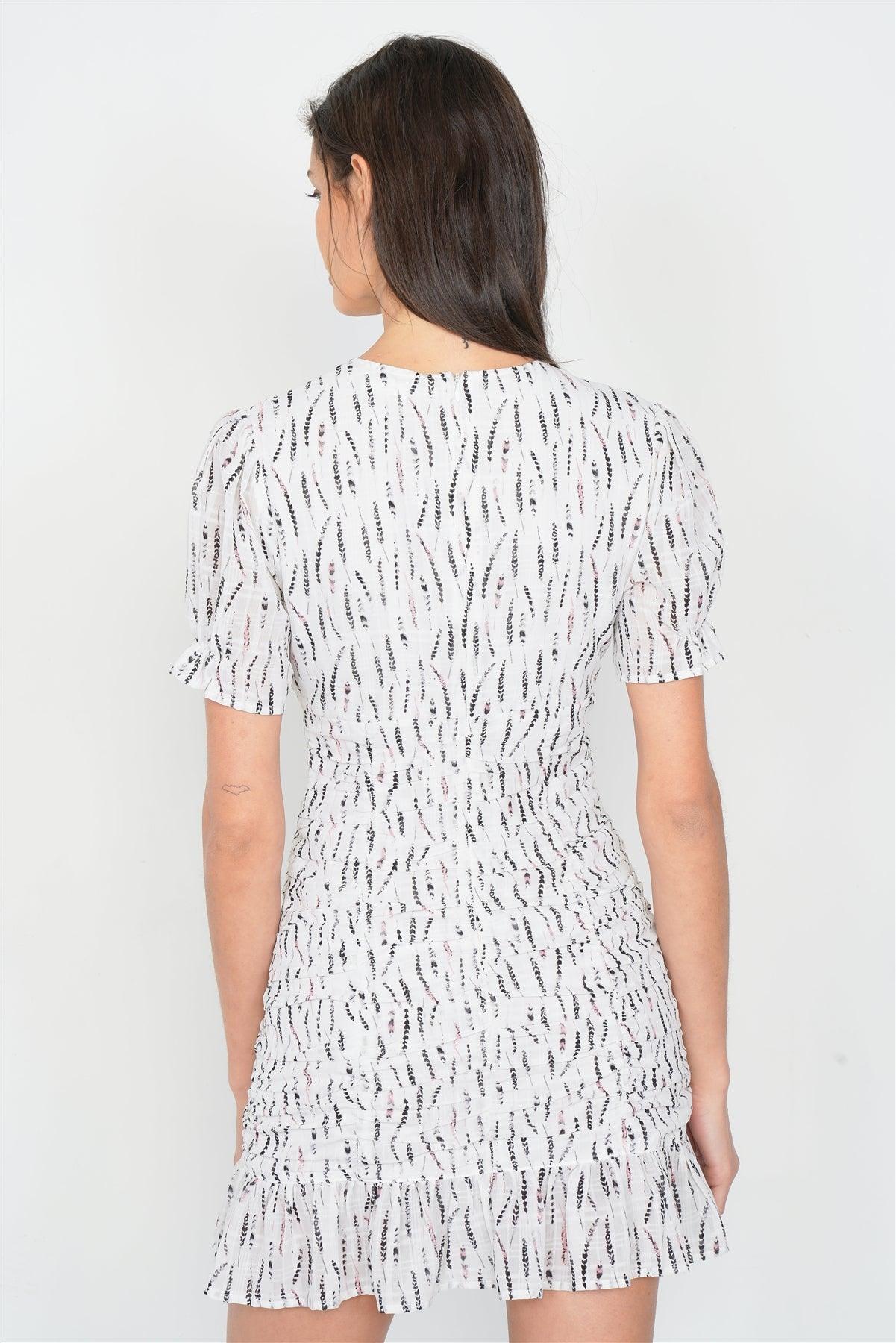 Off-White Boho Print Mini Flounce Trim Hem Cap Sleeve Chiffon Dress /4-2-1