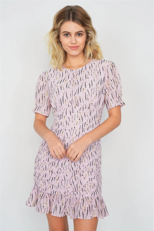 Pink Boho Print Mini Flounce Trim Hem Cap Sleeve Chiffon Dress /3-2-1 - Tasha Apparel Wholesale