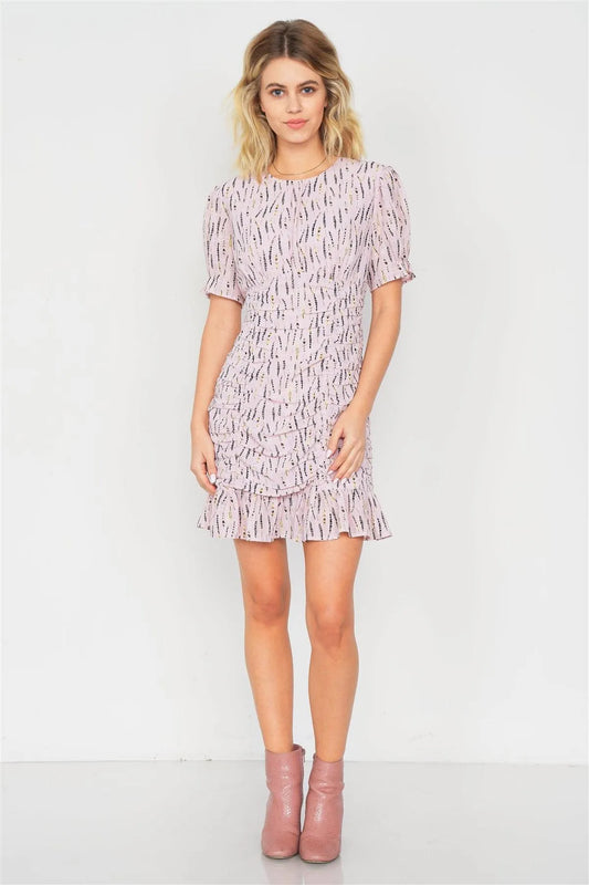 Pink Boho Print Mini Flounce Trim Hem Cap Sleeve Chiffon Dress /4-2-1 - Tasha Apparel Wholesale