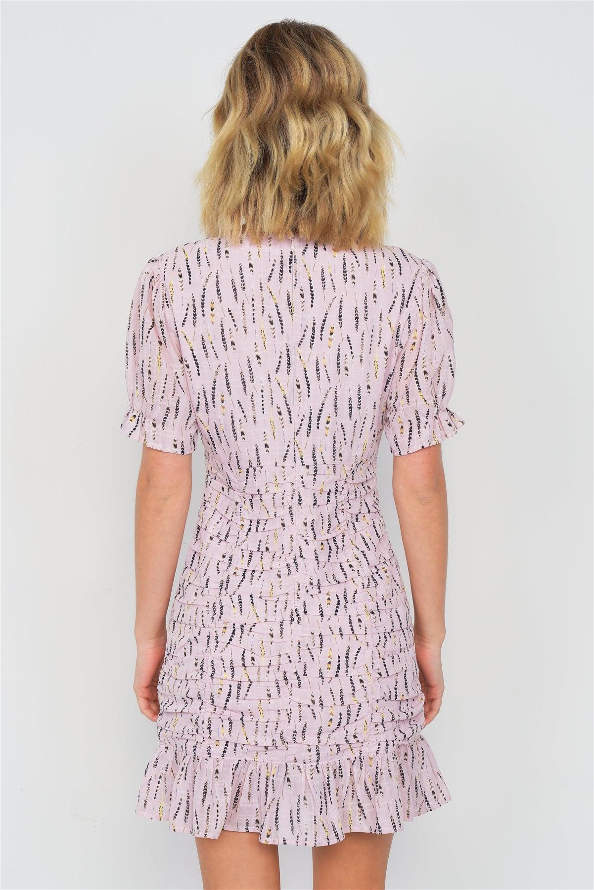Pink Boho Print Mini Flounce Trim Hem Cap Sleeve Chiffon Dress /4-2-1