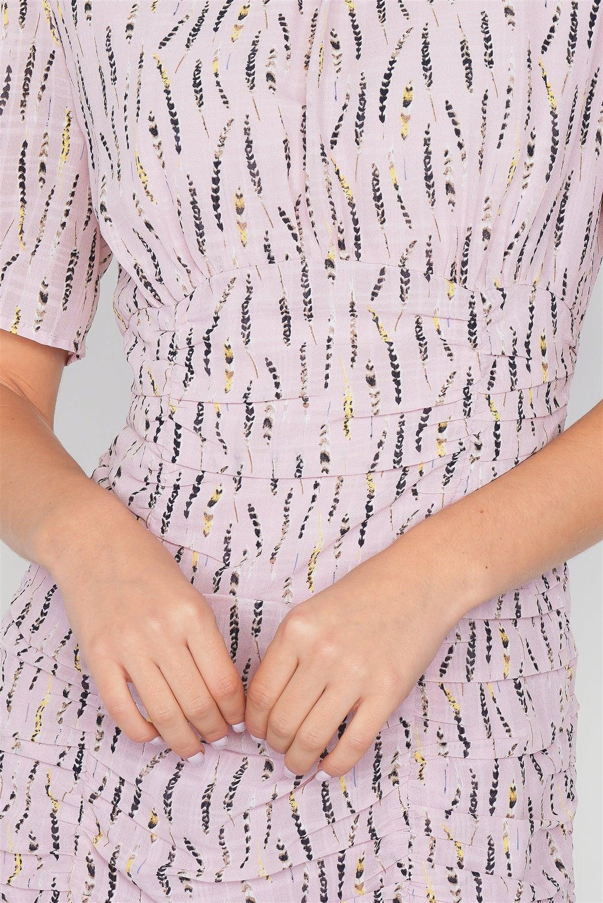 Pink Boho Print Mini Flounce Trim Hem Cap Sleeve Chiffon Dress /4-2-1