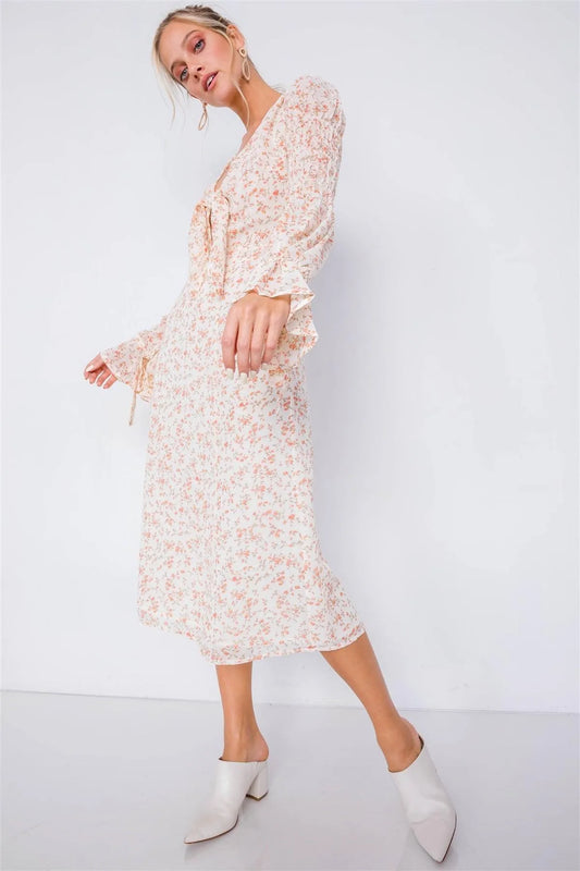 Ivory Minimalist Floral Tiered Cinched Puff Sleeve Midi Dress /3-2 - Tasha Apparel Wholesale