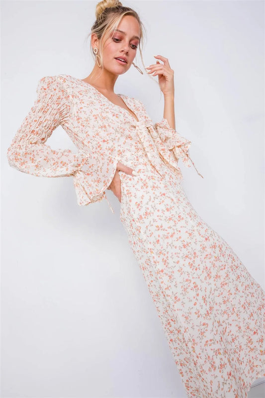 Ivory Minimalist Floral Tiered Cinched Puff Sleeve Midi Dress /3-2-1 - Tasha Apparel Wholesale