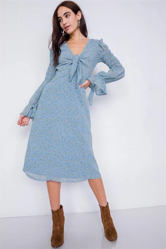 Sky Minimalist Floral Tiered Cinched Puff Sleeve Midi Dress /3-2-1 - Tasha Apparel Wholesale