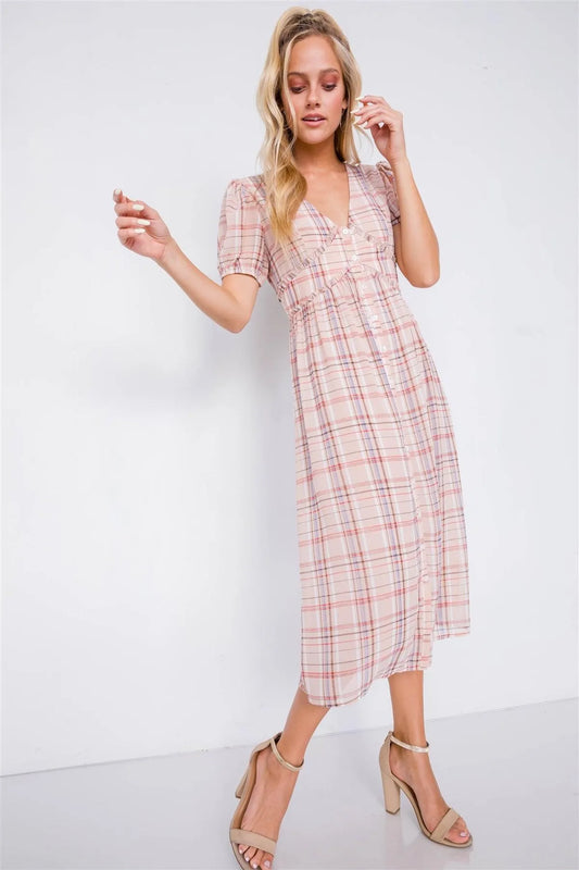 Nude Plaid V-Neck Short Puff Sleeve Frill Trim Casual Midi Dress /2-2-1 - Tasha Apparel Wholesale