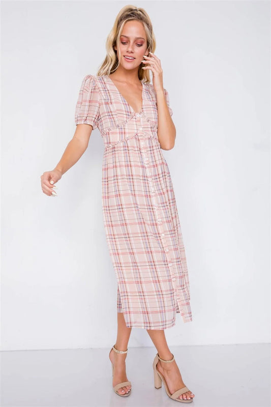 Nude Plaid V-Neck Short Puff Sleeve Frill Trim Casual Midi Dress/4-2-1 - Tasha Apparel Wholesale