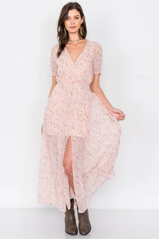 Dusty Rose Pink V-Neck Open Back Sheer Chiffon Maxi Dress /2-2-1 - Tasha Apparel Wholesale