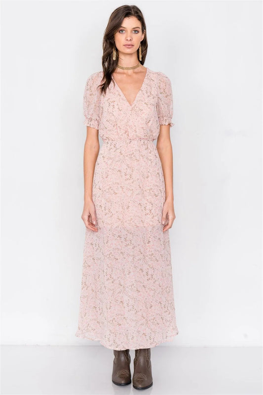 Dusty Rose Pink V-Neck Open Back Sheer Chiffon Maxi Dress /3-2-1 - Tasha Apparel Wholesale