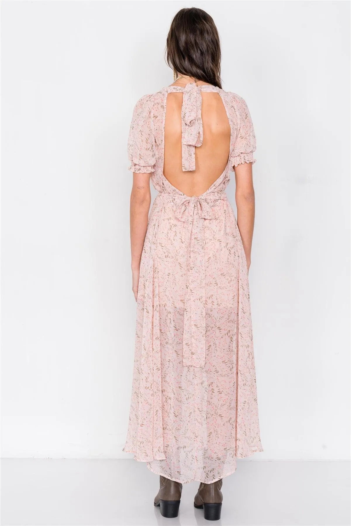 Dusty Rose Pink V-Neck Open Back Sheer Chiffon Maxi Dress /3-2-1 Dusty Rose Pink V-Neck Open Back Sheer Chiffon Maxi Dress /3-2-1