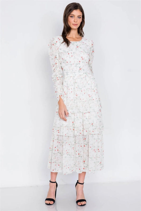 Ivory Floral Print Open Back Tiered Frill Summer Maxi Dress /3-2-1 - Tasha Apparel Wholesale