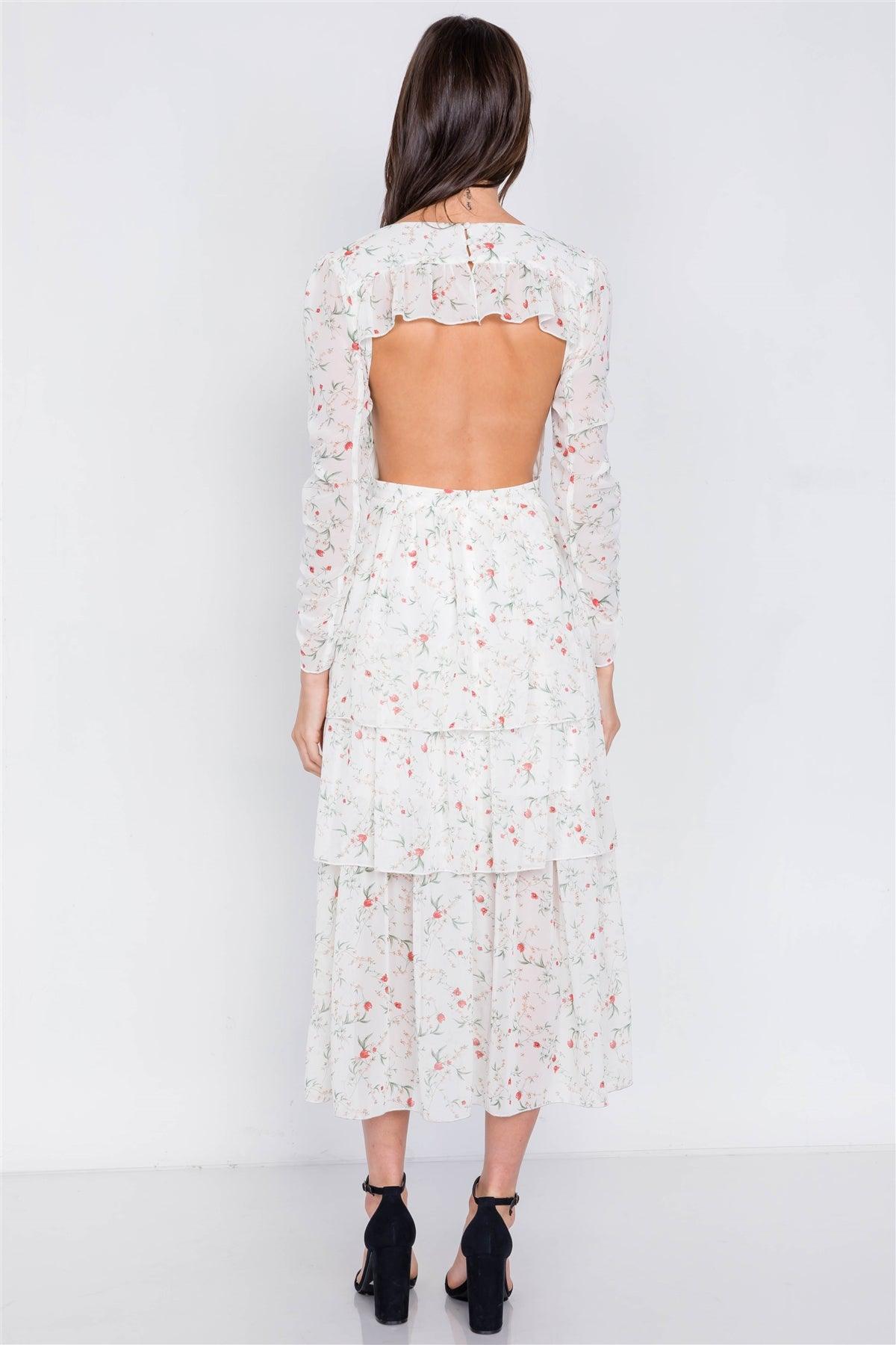Ivory Floral Print Open Back Tiered Frill Summer Maxi Dress /3-2-1