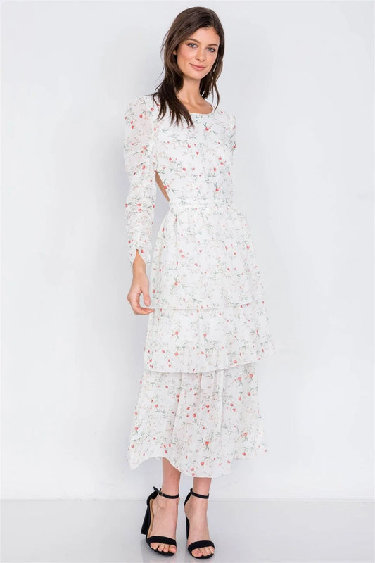 Ivory Floral Print Open Back Tiered Frill Summer Maxi Dress /4-2-1 - Tasha Apparel Wholesale