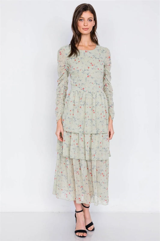 Sage Floral Print Open Back Tiered Frill Summer Maxi Dress /3-2-1 - Tasha Apparel Wholesale