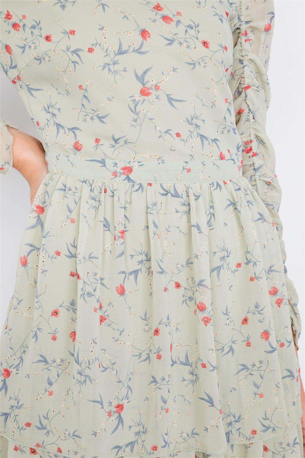 Sage Floral Print Open Back Tiered Frill Summer Maxi Dress /3-2-1