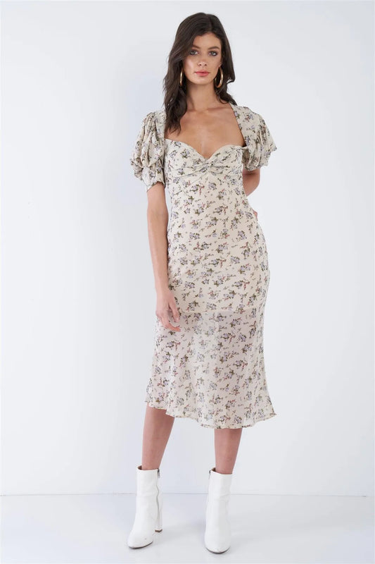 Ecru Tan Sheer V-Neck Boho Floral Print Midi Dress /2-2-1 - Tasha Apparel Wholesale