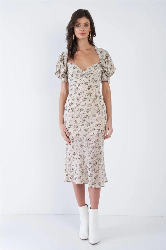 Ecru Tan Sheer V-Neck Boho Floral Print Midi Dress /3-2-1 - Tasha Apparel Wholesale