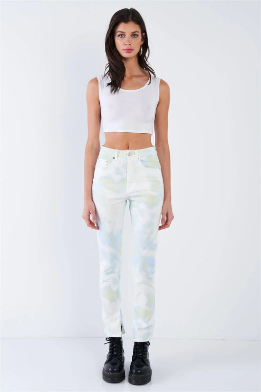 Lime Yellow Tie Dye Washed Denim High Waist Jeans /3-2-1 - Tasha Apparel Wholesale