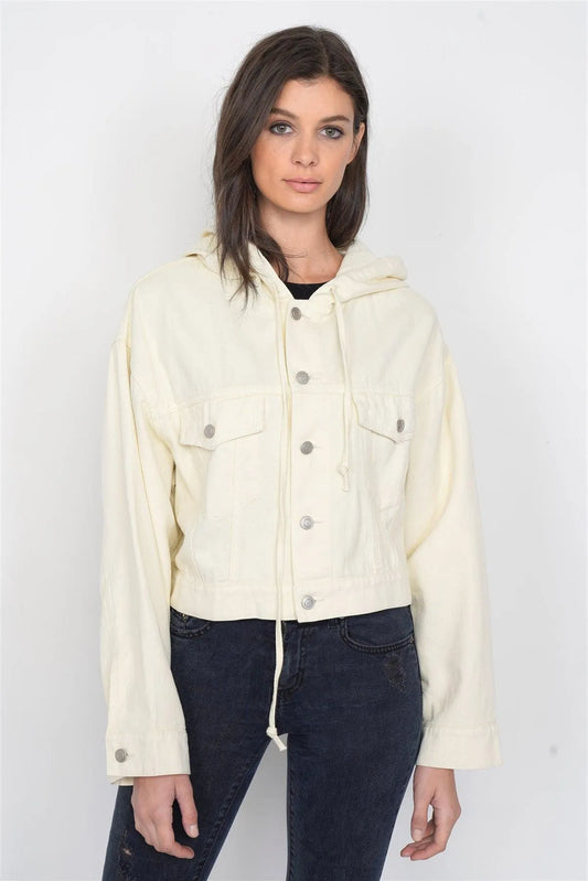 Ecru Beige Cotton Hooded Denim Crop Jean Chic Jacket /3-2-1 - Tasha Apparel Wholesale