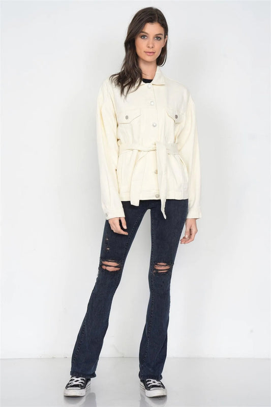 Ecru Beige Cotton Denim Self-Wrap Jean Jacket /2-2-1 - Tasha Apparel Wholesale