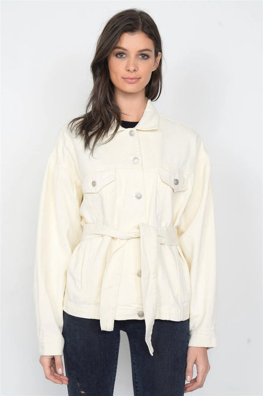 Ecru Beige Cotton Denim Self-Wrap Jean Jacket /3-2-1 - Tasha Apparel Wholesale