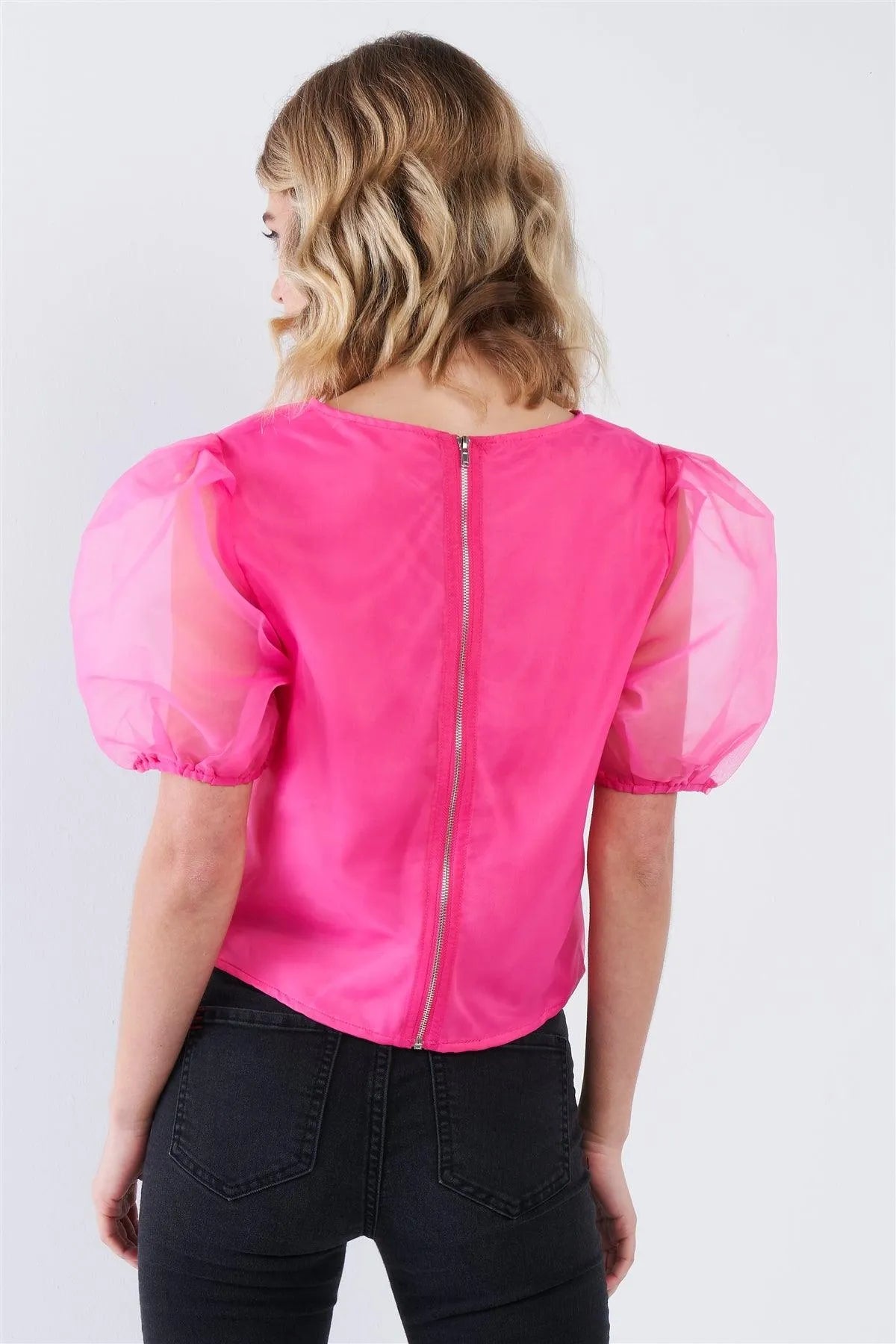 Hot Pink Sheer Puff Sleeve Retro Top /3-2-1 - Tasha Apparel Wholesale