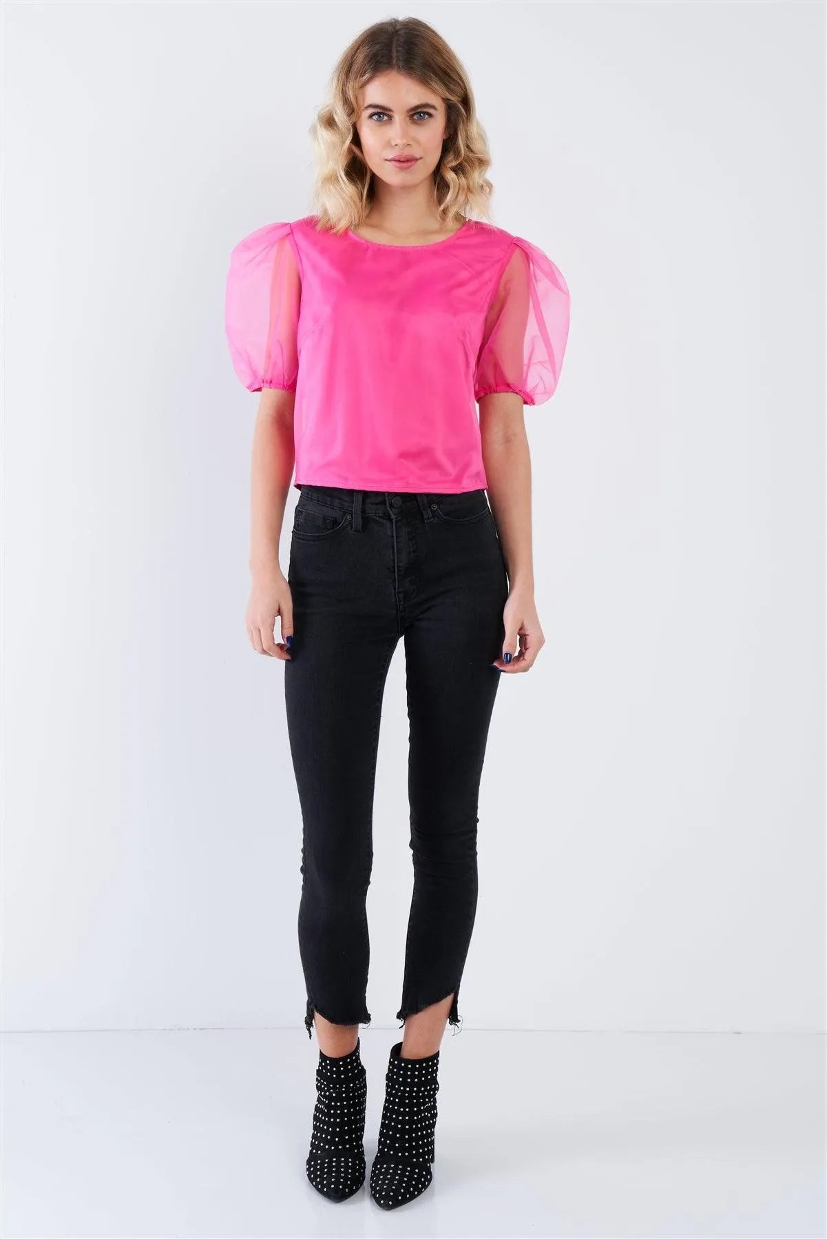 Hot Pink Sheer Puff Sleeve Retro Top /3-2-1 - Tasha Apparel Wholesale