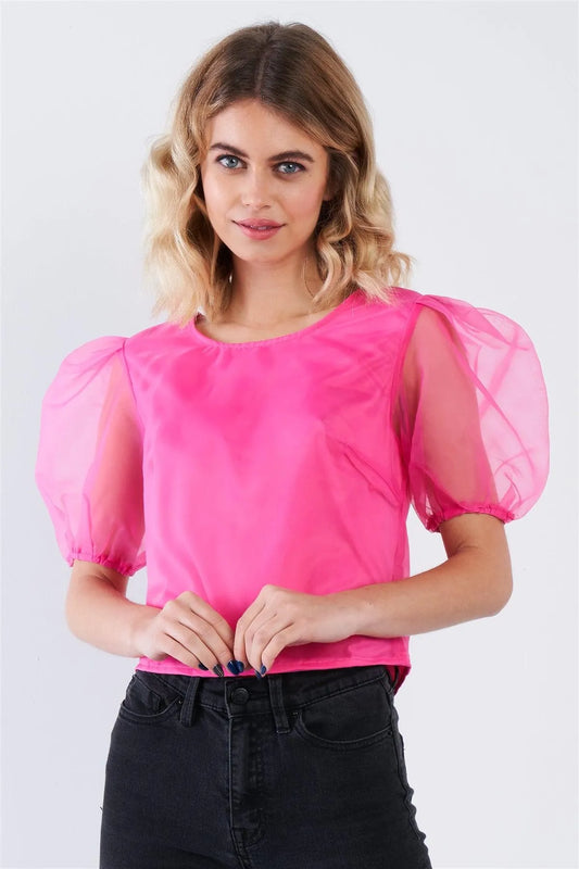Hot Pink Sheer Puff Sleeve Retro Top - Tasha Apparel Wholesale