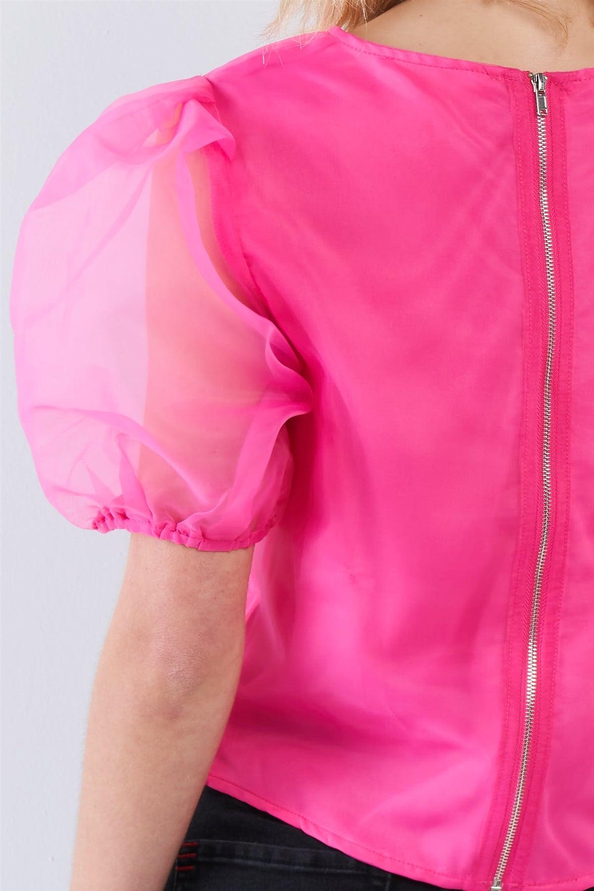 Hot Pink Sheer Puff Sleeve Retro Top