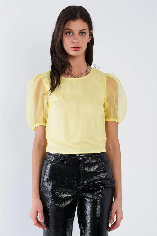 Yellow Sheer Puff Sleeve Retro Top /3-2-1 - Tasha Apparel Wholesale