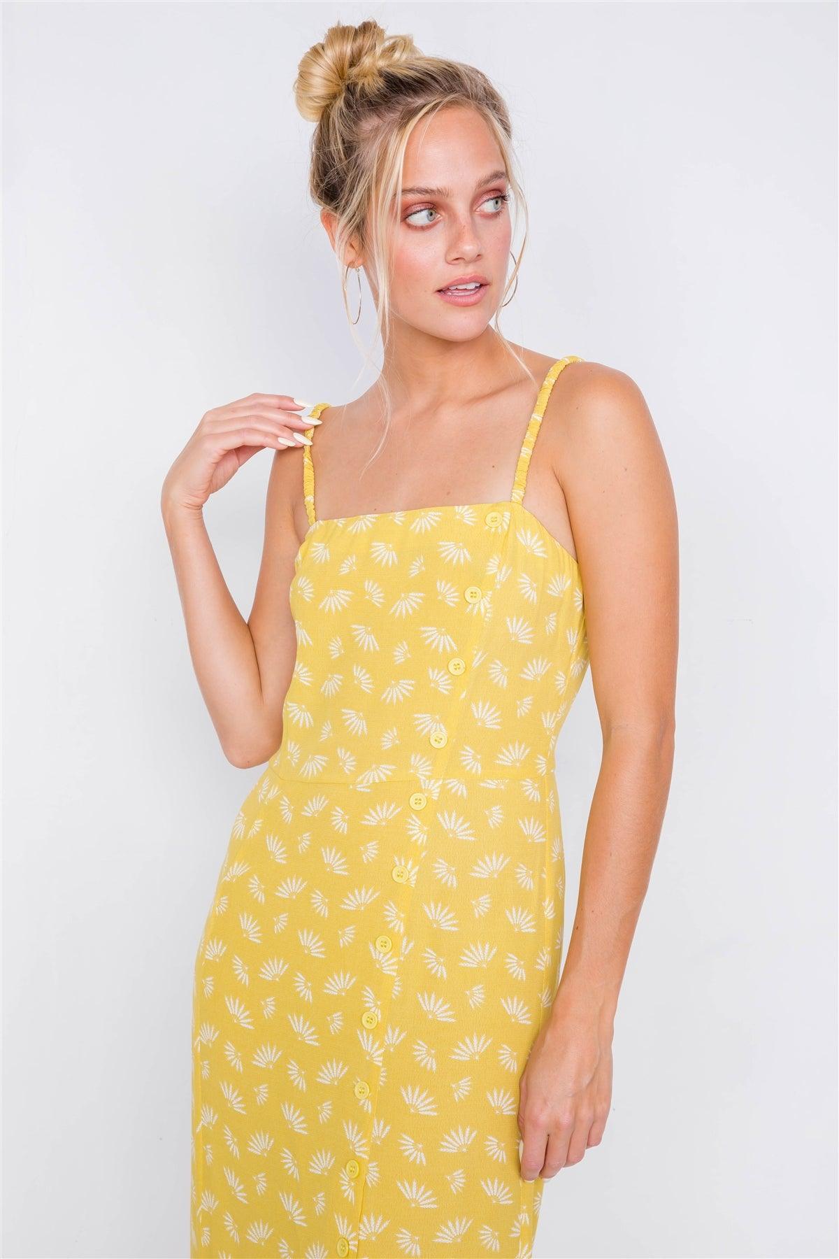 Yellow Feather Floral Print Square Neck Accordion Cami Dress /3-2-1