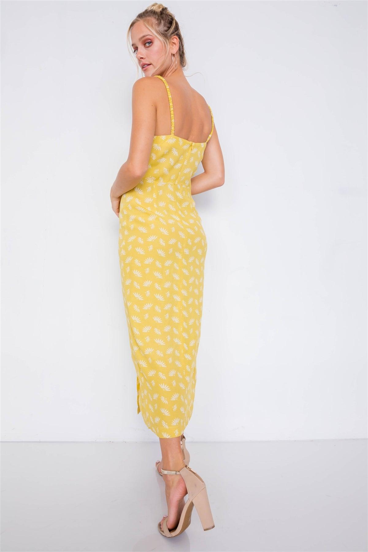 Yellow Feather Floral Print Square Neck Accordion Cami Dress /3-2-1