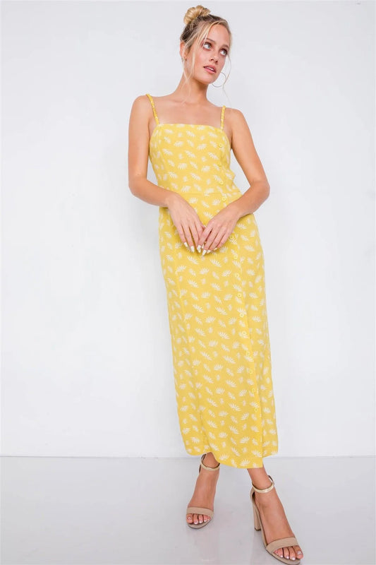 Yellow Feather Floral Print Square Neck Accordion Cami Dress /4-2-1 - Tasha Apparel Wholesale