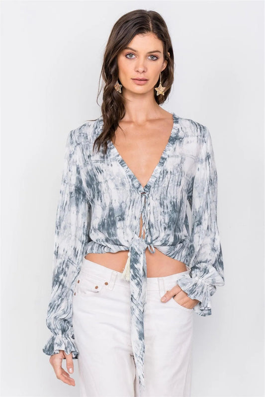 Green Tie Dye Open V-Neck Frill Detail Self Tie Crop Top /3-2-1 - Tasha Apparel Wholesale