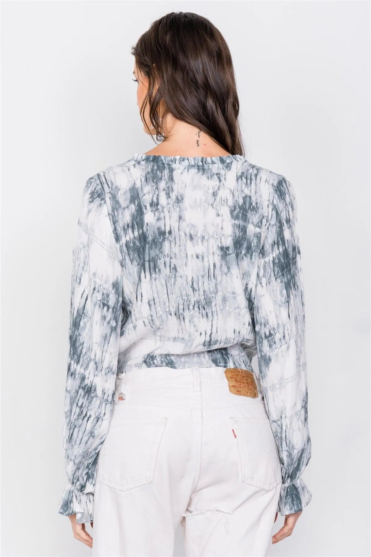 Green Tie Dye Open V-Neck Frill Detail Self Tie Crop Top /3-2-1 - Tasha Apparel Wholesale