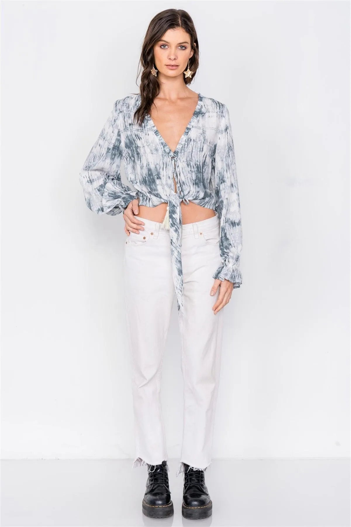 Green Tie Dye Open V-Neck Frill Detail Self Tie Crop Top /3-2-1 - Tasha Apparel Wholesale
