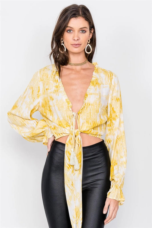 Yellow Tie Dye Open V-Neck Frill Detail Self Tie Crop Top /3-2-1 - Tasha Apparel Wholesale