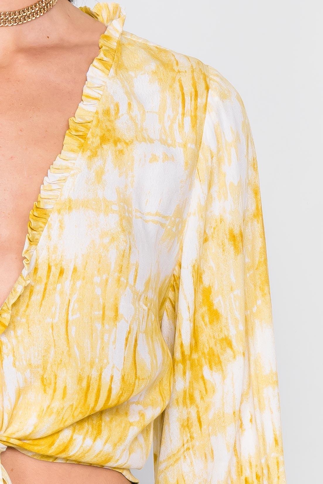 Yellow Tie Dye Open V-Neck Frill Detail Self Tie Crop Top  /3-2-1