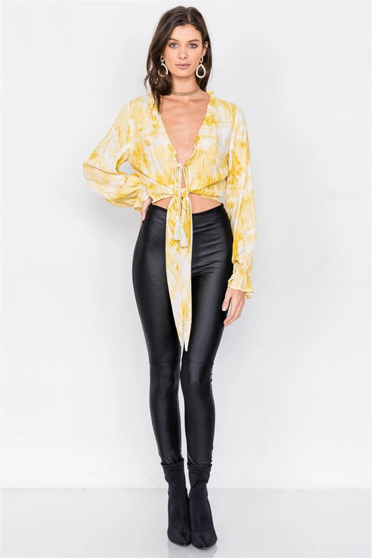 Yellow Tie Dye Open V-Neck Frill Detail Self Tie Crop Top /4-2-1 - Tasha Apparel Wholesale