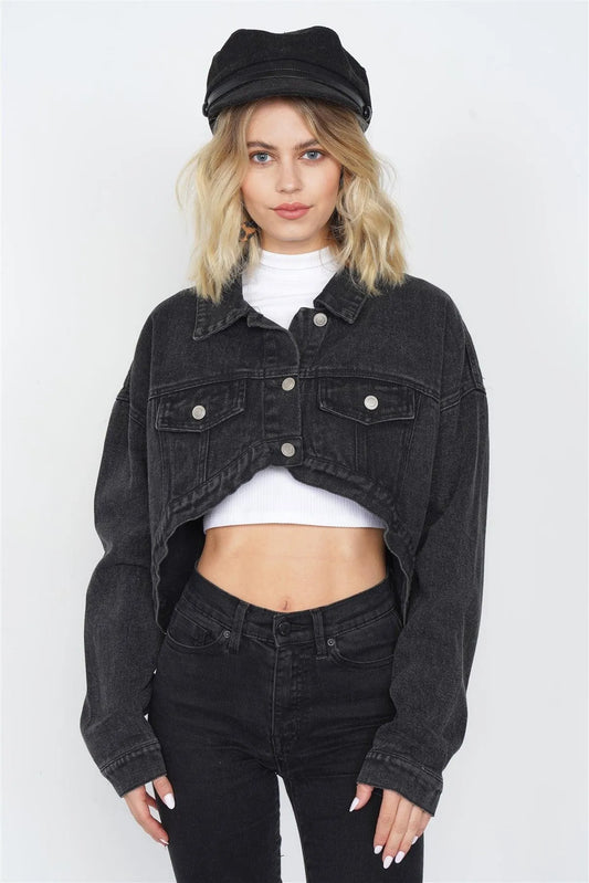 Black Cotton Denim High-Low Jean Crop Jacket /3-2-1 - Tasha Apparel Wholesale