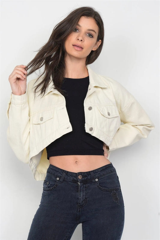Ecru Cotton Denim High-Low Jean Crop Jacket /3-2-1 - Tasha Apparel Wholesale