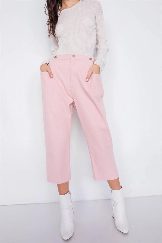 Pastel Dust Rose Chic Solid Ankle Wide Leg Adjustable Snap Waist Pants /3-2-1 - Tasha Apparel Wholesale