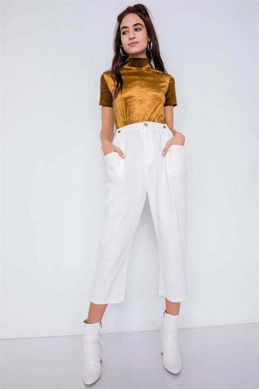 Off-White Chic Solid Ankle Wide Leg Adjustable Snap Waist Pants /3-2-1 - Tasha Apparel Wholesale