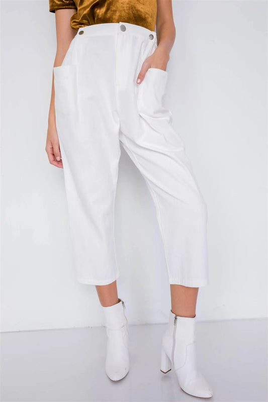 Off-White Chic Solid Ankle Wide Leg Adjustable Snap Waist Pants /4-2-1 - Tasha Apparel Wholesale