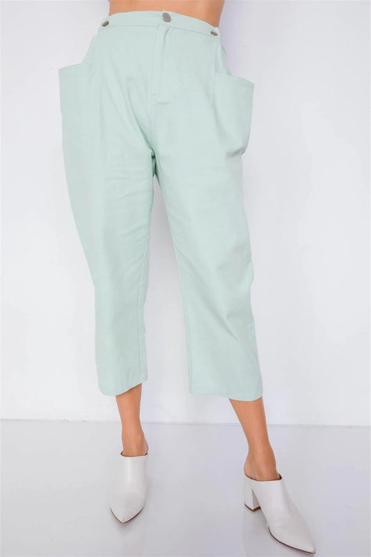 Pastel Sage Chic Solid Ankle Wide Leg Adjustable Snap Waist Pants /3-2 - Tasha Apparel Wholesale