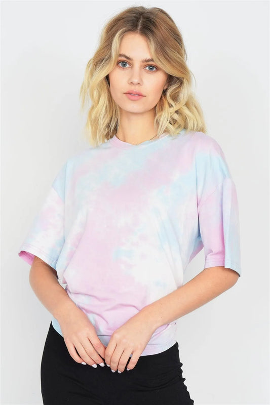 Pink Tie Dye Back Cut Out Knot Vintage Relaxed Fit Tee /3-2-1 - Tasha Apparel Wholesale