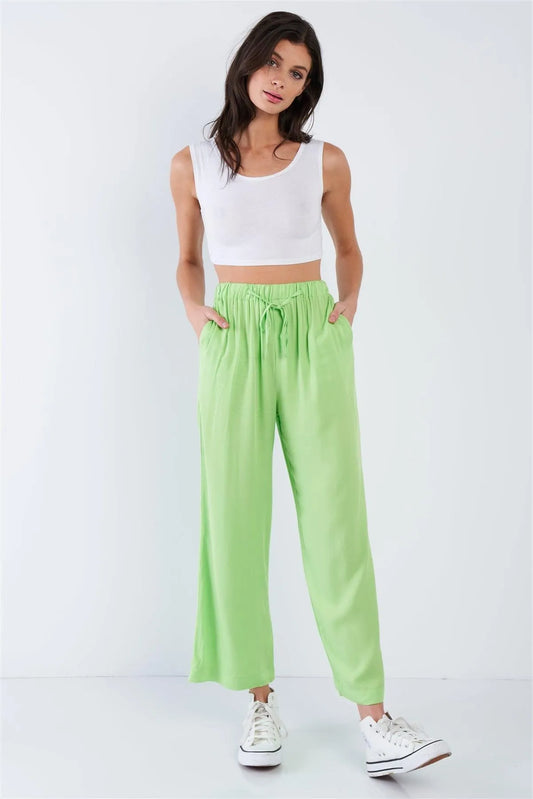 Neon Green Cotton Relaxed Fit Casual Wide Leg Ankle Pant /3-2-1 - Tasha Apparel Wholesale